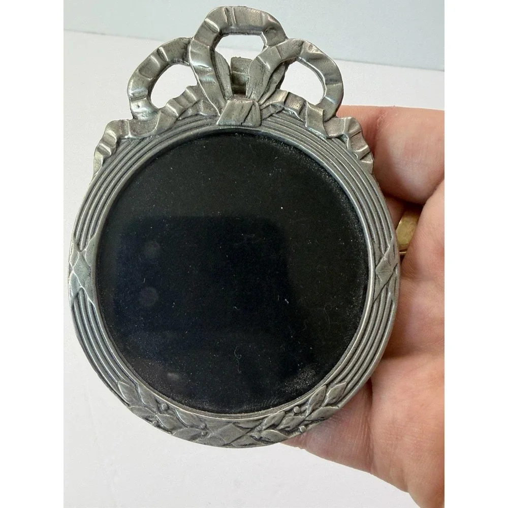 Elias Pewter Sterling Round Frame Ribbons Branches Ornate Romantic 1874